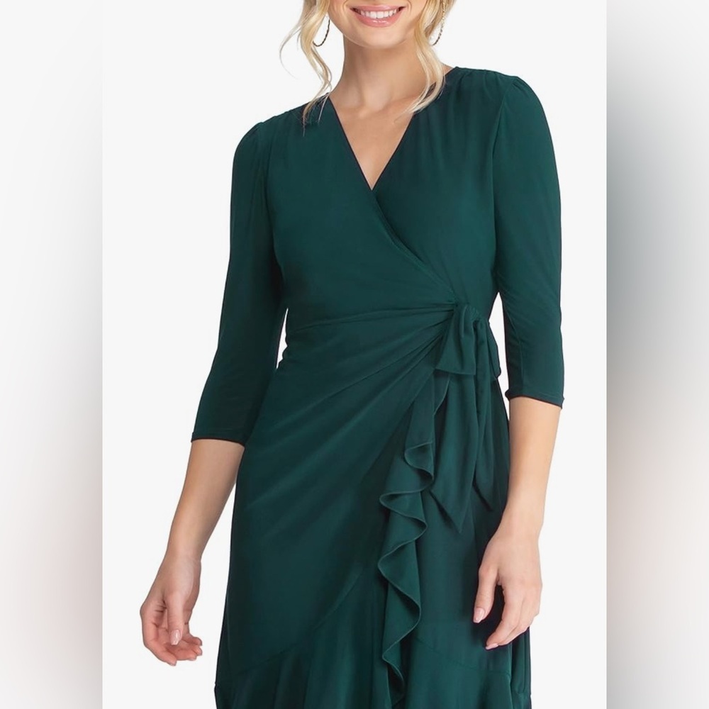 Kiyonna Whimsy Ruffled Midi Wrap Dress with Sleeves Wrap Around Style w/ Ruffles - Picture 2 of 6